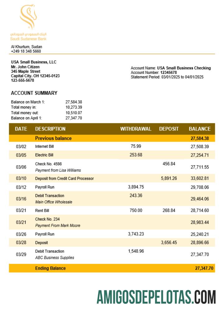 Baixável Sudanese Saudi Sudanese Bank Business modelo de extrato de conta Word e PDF